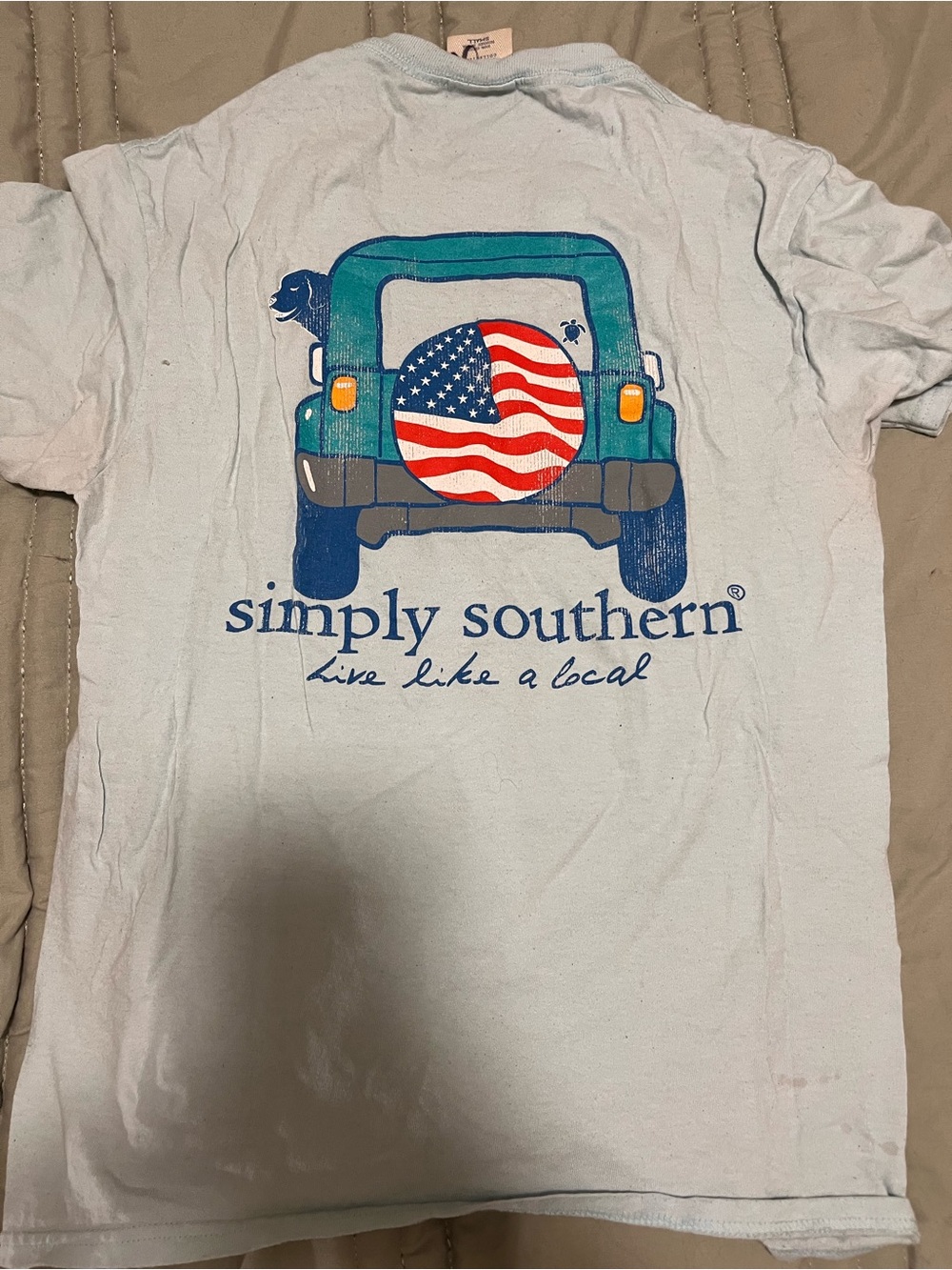 Simply Southern Light Blue Short Sleeve Tee with Patriotic Jeep Graphic